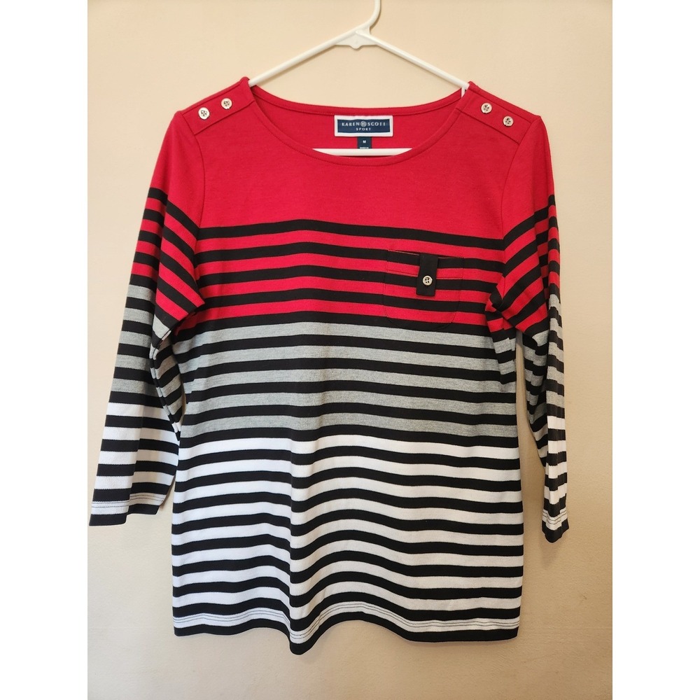 Karen Scott Sport Womens Red‎ Striped 3/4 Sleeve Button Shoulder Top Medium